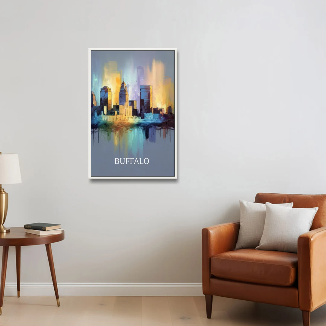Buffalo Architectural Charm - White Framed Canvas Wall Art - Sofa - 24x36