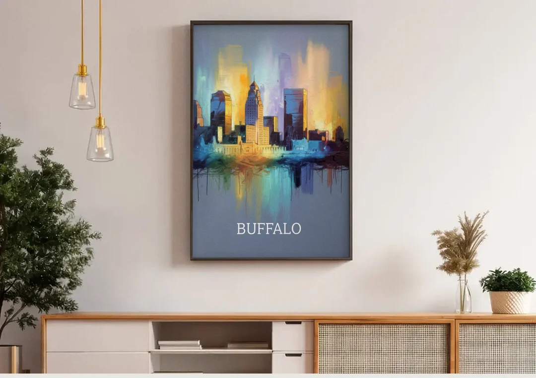 Buffalo Architectural Charm canvas wall art above a wooden sideboard under pendant lights