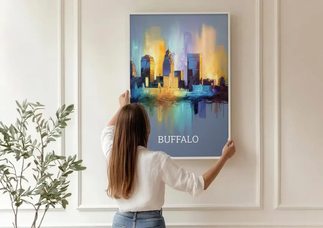 Buffalo Architectural Charm canvas wall art being hung on a paneled wall