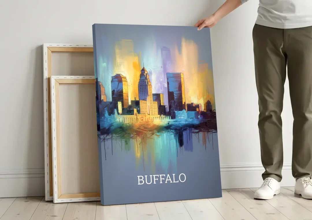 Buffalo Architectural Charm canvas wall art leaning against a wall next to blank canvases