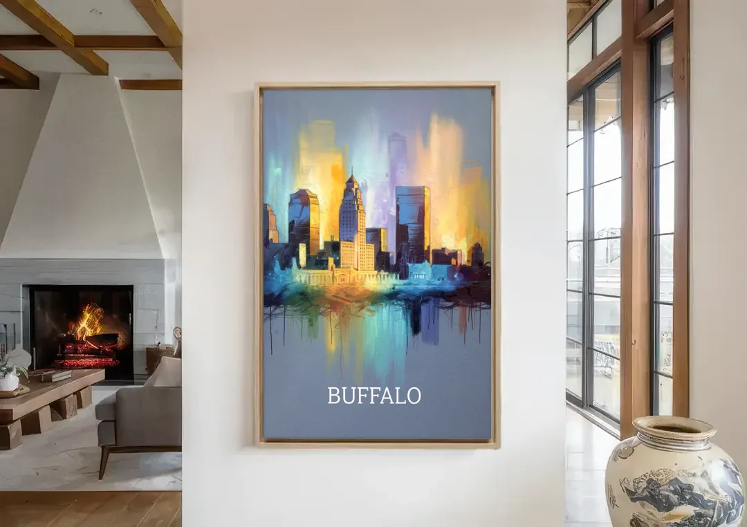 Buffalo Architectural Charm canvas wall art in a living room with a fireplace