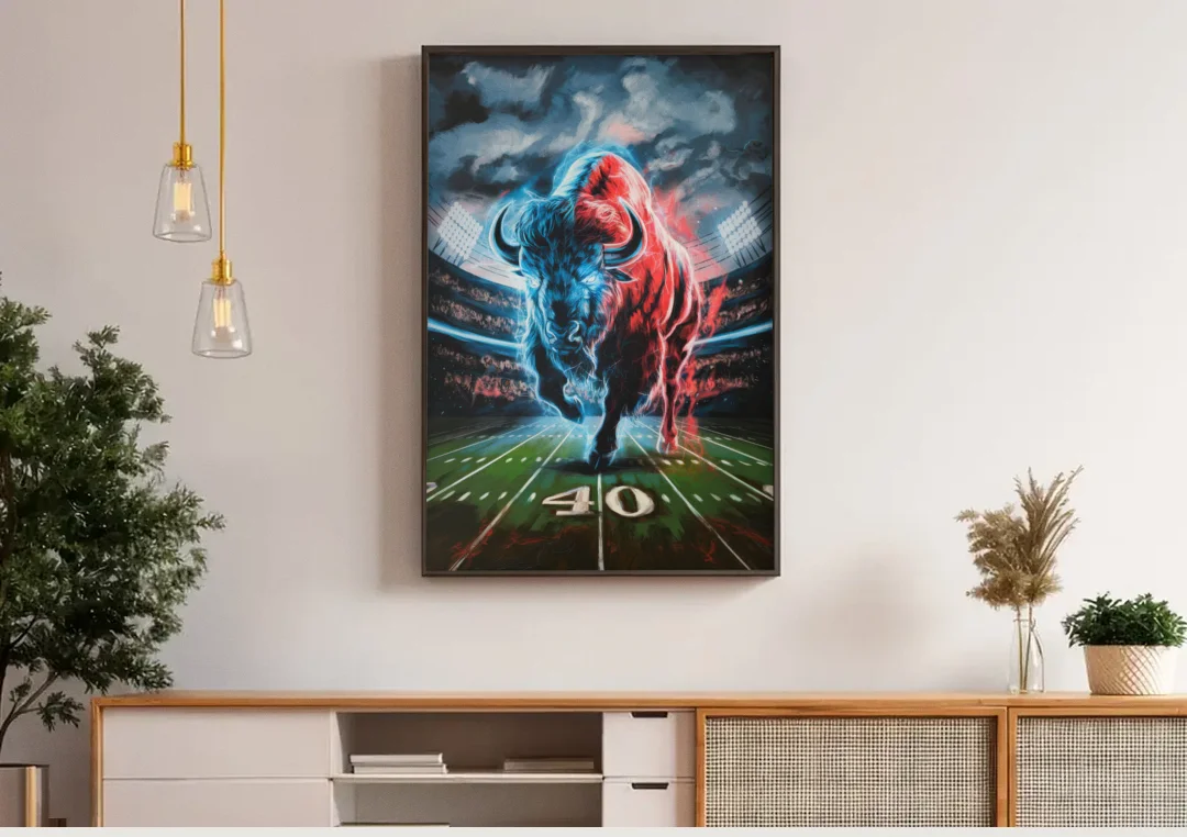 Buffalo Bills Football Pride canvas wall art above a wooden sideboard under pendant lights