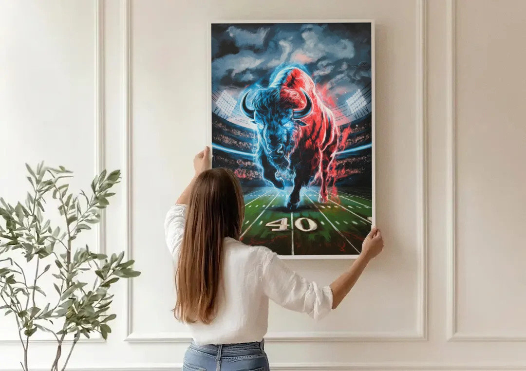 Buffalo Bills Football Pride canvas wall art being hung on a paneled wall
