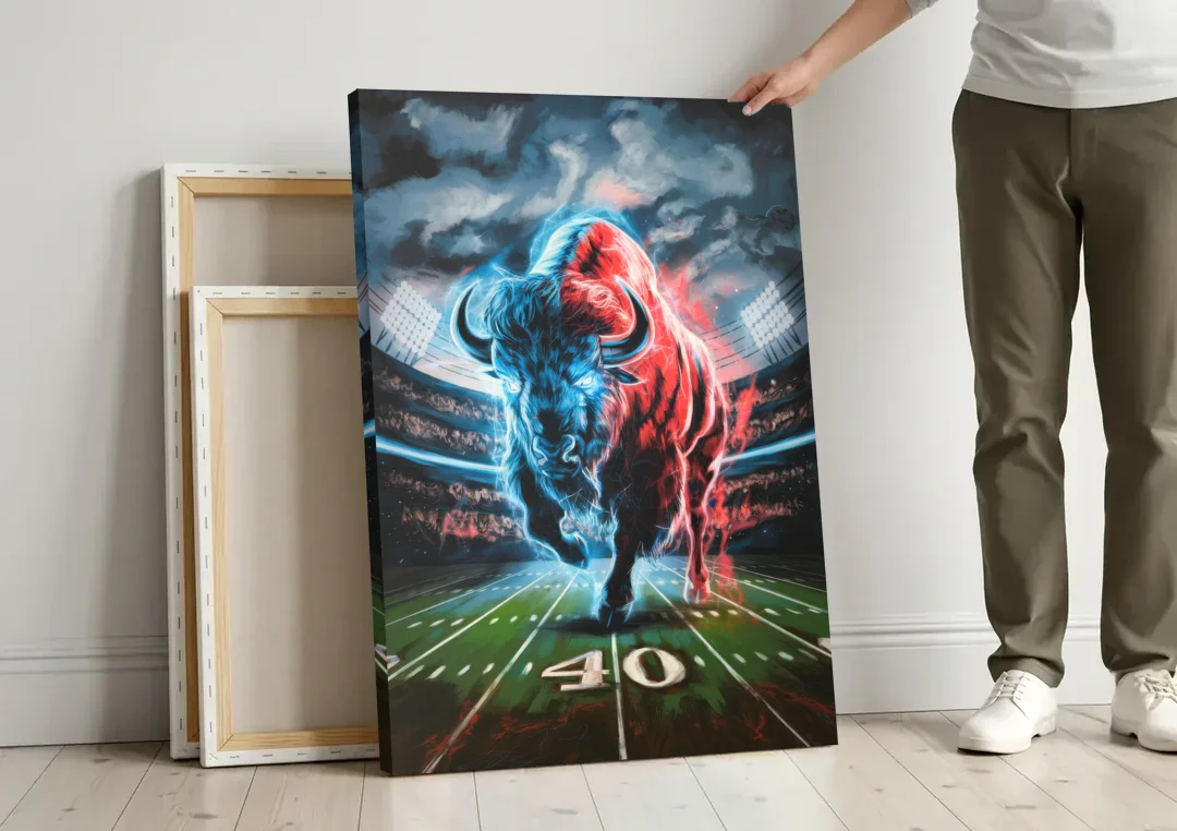 Buffalo Bills Football Pride canvas wall art leaning against a wall next to blank canvases