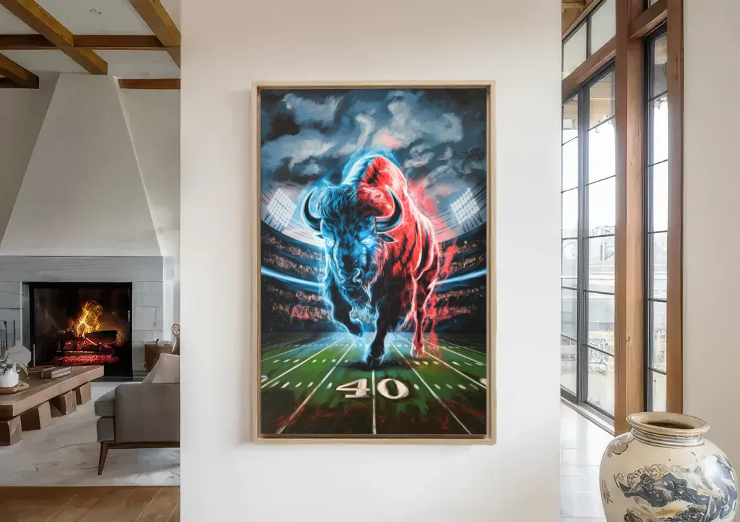 Buffalo Bills Football Pride canvas wall art in a living room with a fireplace