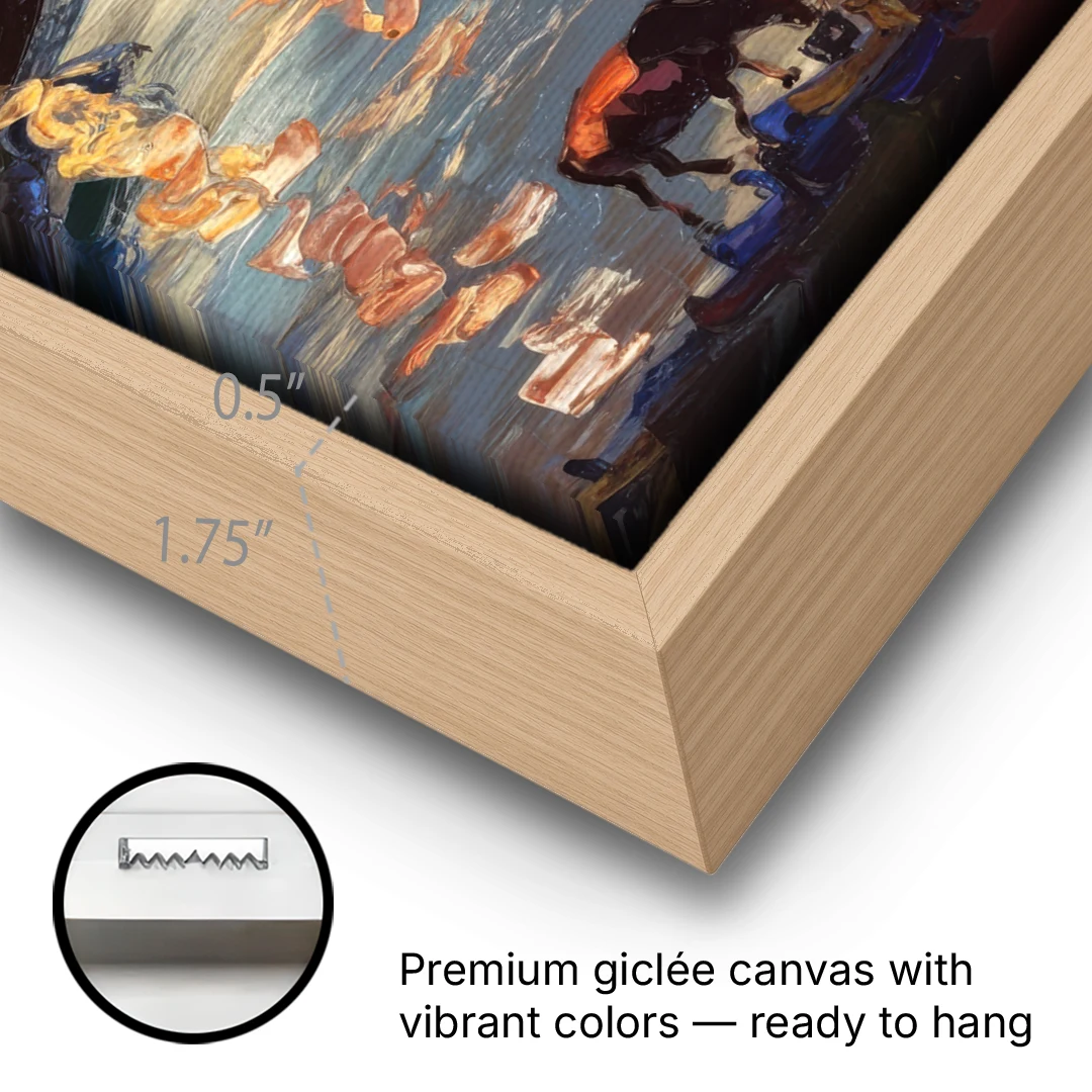 Buffalo Canalside at Night - Oak Framed Canvas Wall Art - Gallery Wrap Corner
