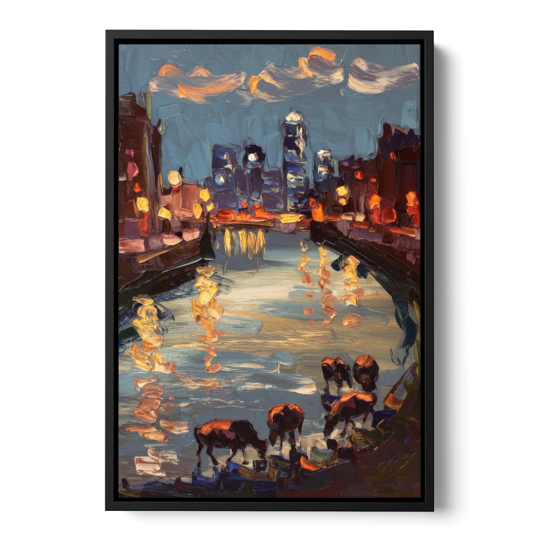 Buffalo Canalside at Night - Black Framed Canvas Wall Art - Front