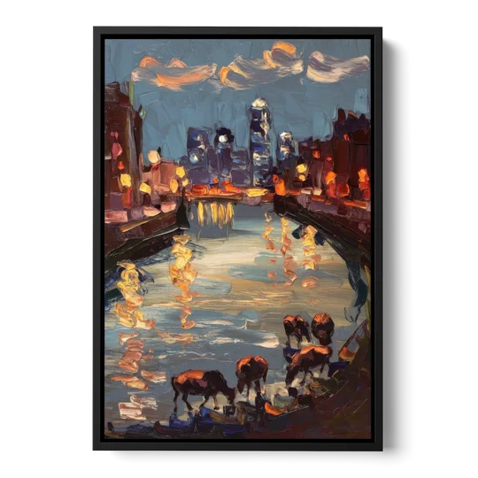 Buffalo Canalside at Night - Black Framed Canvas Wall Art - Front