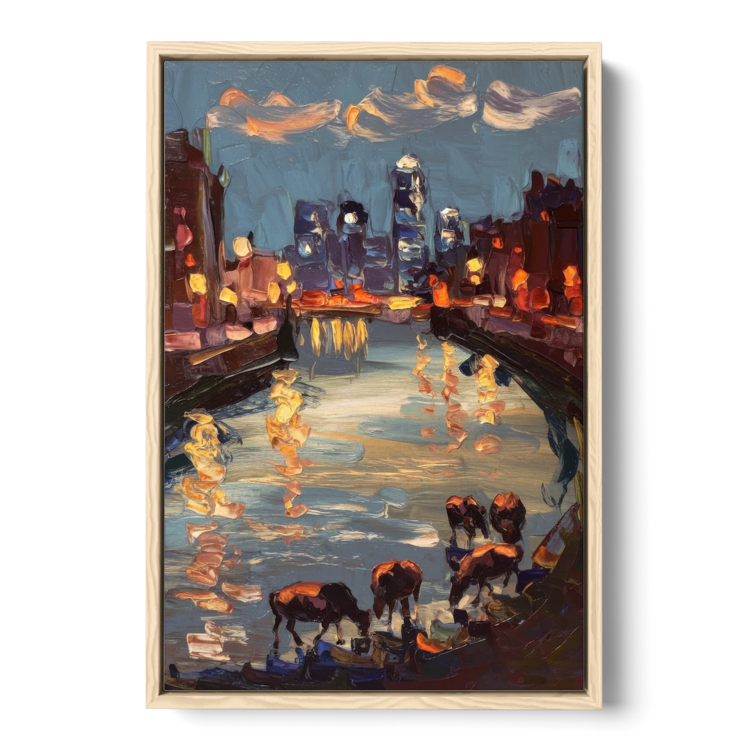 Buffalo Canalside at Night - Oak Framed Canvas Wall Art - Front