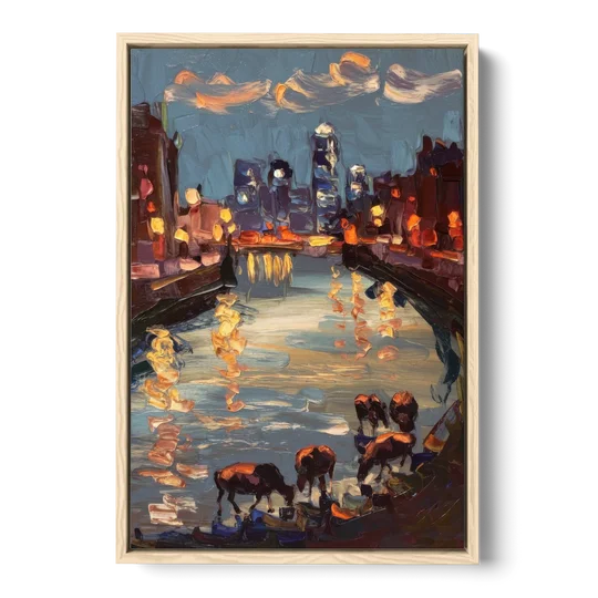 Buffalo Canalside at Night - Oak Framed Canvas Wall Art - Front
