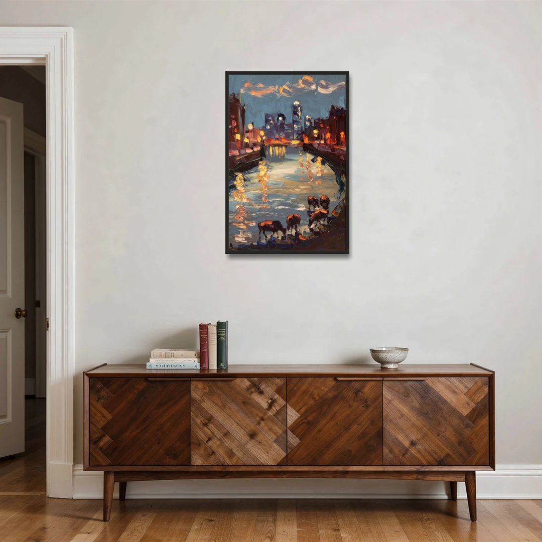 Buffalo Canalside at Night - Black Framed Canvas Wall Art - Coffee Table - 24x36