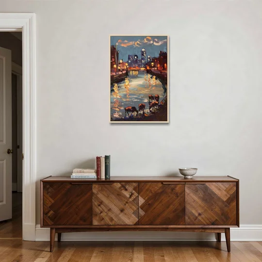 Buffalo Canalside at Night - Oak Framed Canvas Wall Art - Coffee Table - 24x36