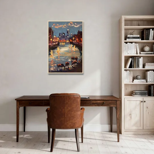 Buffalo Canalside at Night - Oak Framed Canvas Wall Art - Office - 24x36