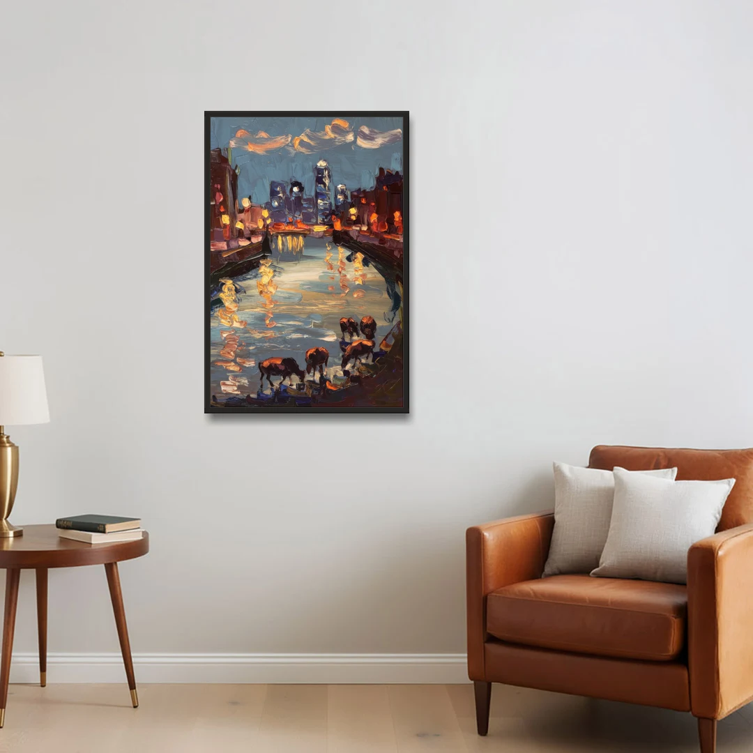 Buffalo Canalside at Night - Black Framed Canvas Wall Art - Sofa - 24x36