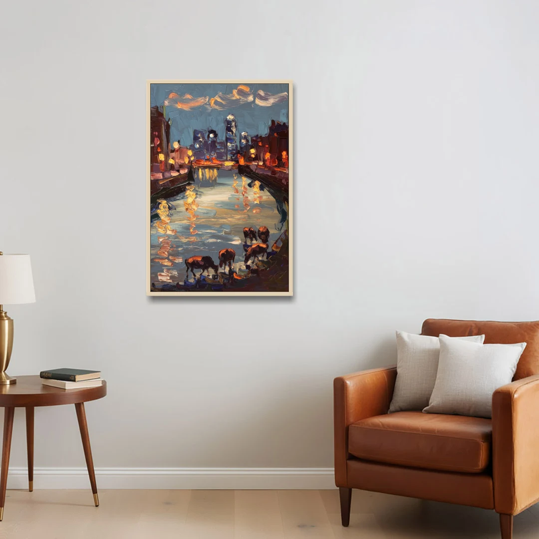 Buffalo Canalside at Night - Oak Framed Canvas Wall Art - Sofa - 24x36