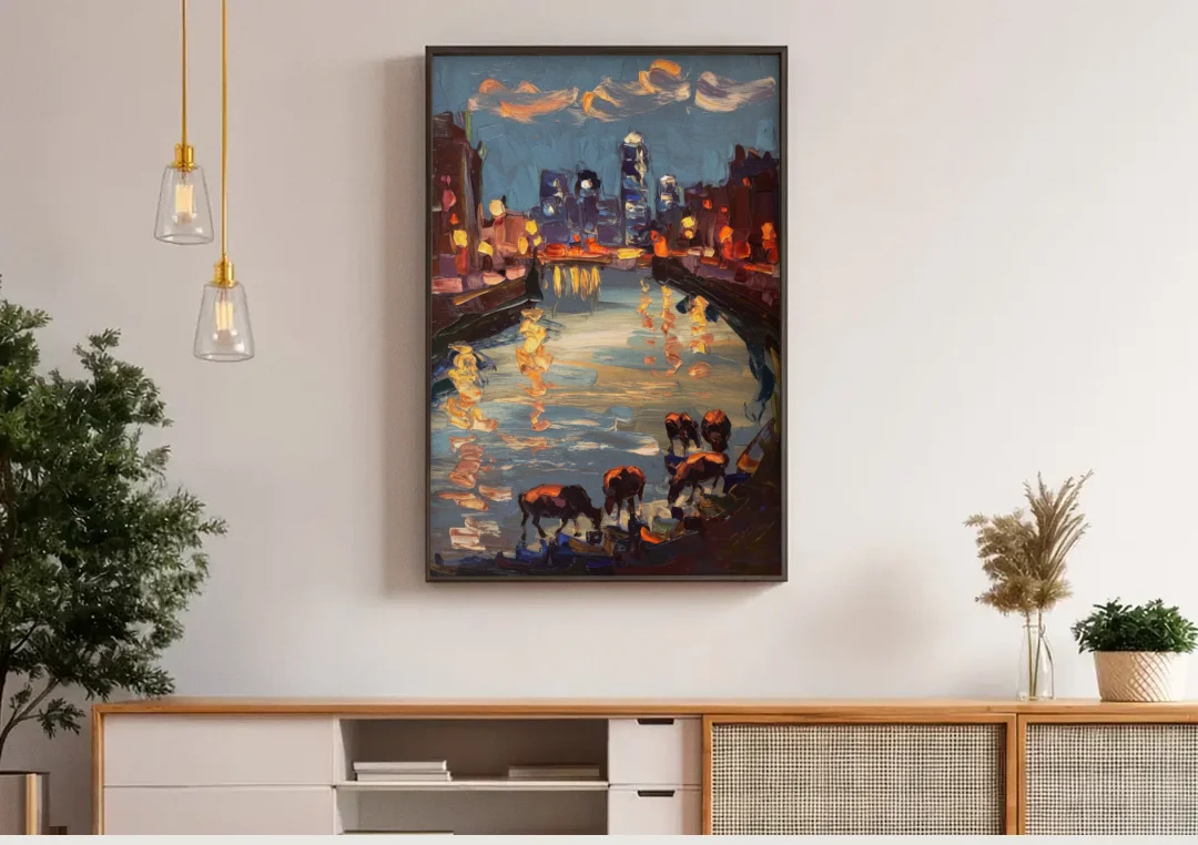 Buffalo Canalside at Night canvas wall art above a wooden sideboard under pendant lights