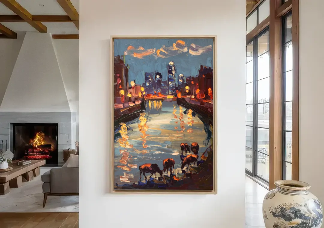 Buffalo Canalside at Night canvas wall art in a living room with a fireplace