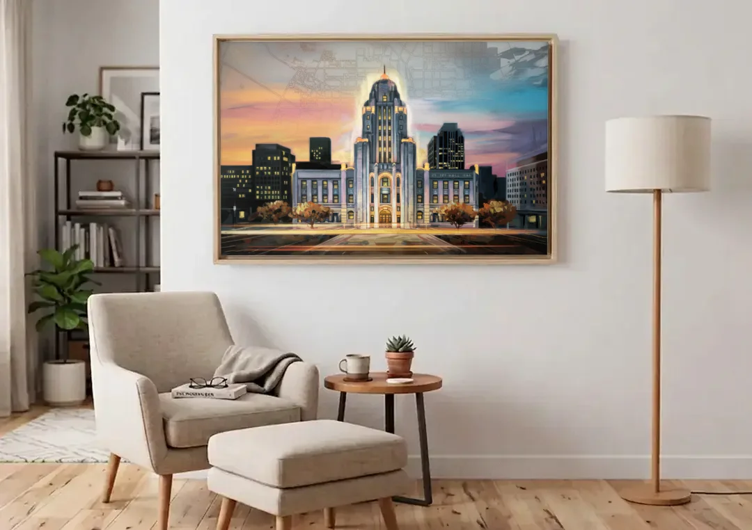 Buffalo City Hall Iconic View canvas wall art above an armchair in a bright living room