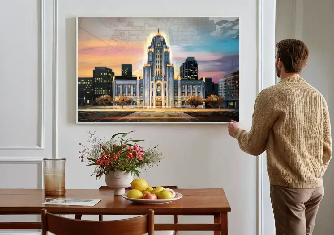 Buffalo City Hall Iconic View canvas wall art above a dining table