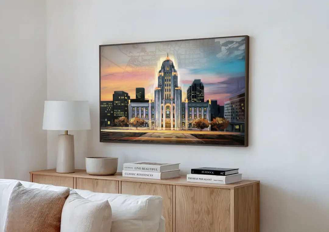 Buffalo City Hall Iconic View canvas wall art above a wooden sideboard next to a sofa