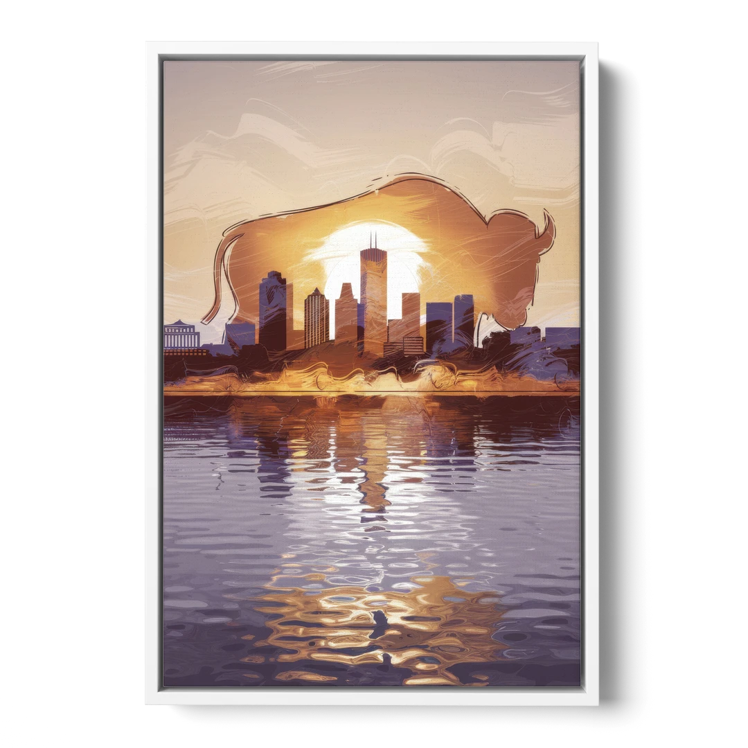 Buffalo Cityscape Reflection - White Framed Canvas Wall Art - Front