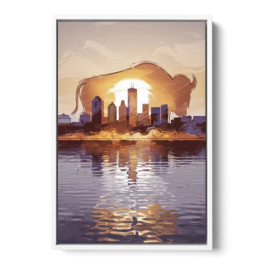 Buffalo Cityscape Reflection - White Framed Canvas Wall Art - Front