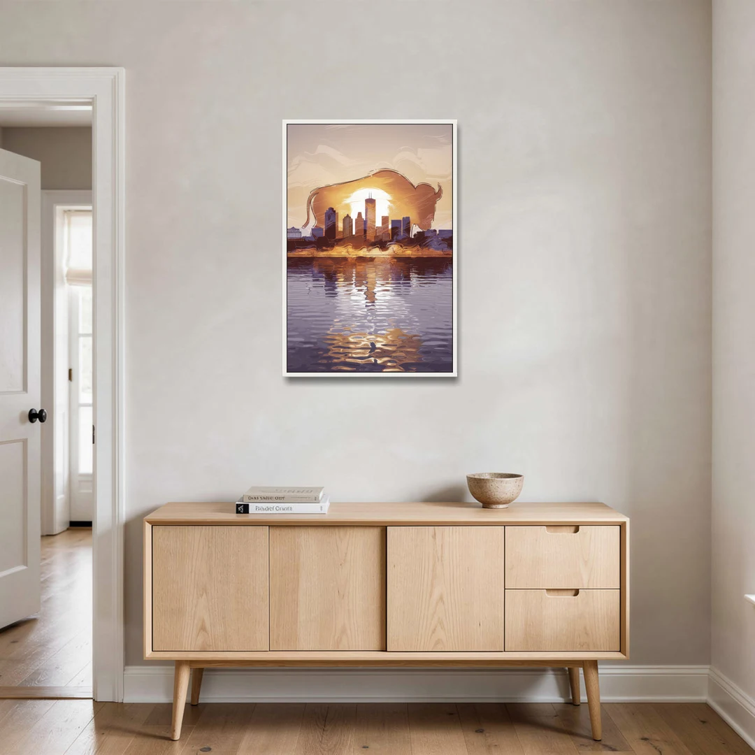 Buffalo Cityscape Reflection - White Framed Canvas Wall Art - Coffee Table - 24x36