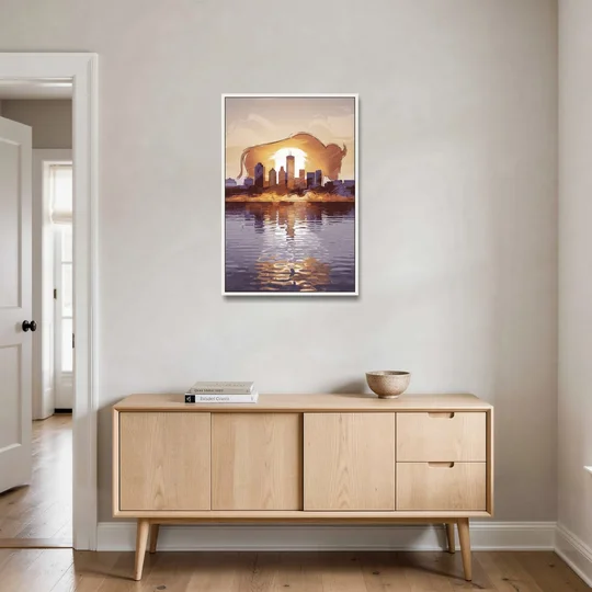 Buffalo Cityscape Reflection - White Framed Canvas Wall Art - Coffee Table - 24x36