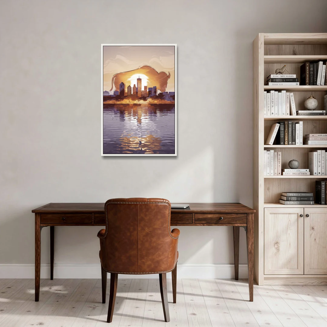Buffalo Cityscape Reflection - White Framed Canvas Wall Art - Office - 24x36