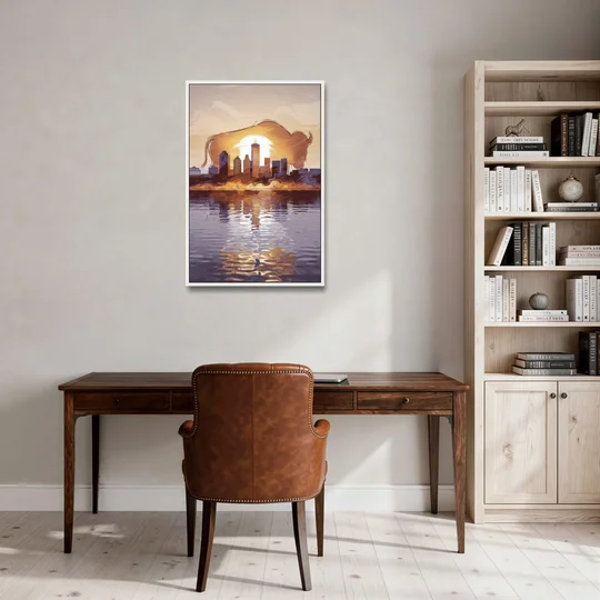 Buffalo Cityscape Reflection - White Framed Canvas Wall Art - Office - 24x36