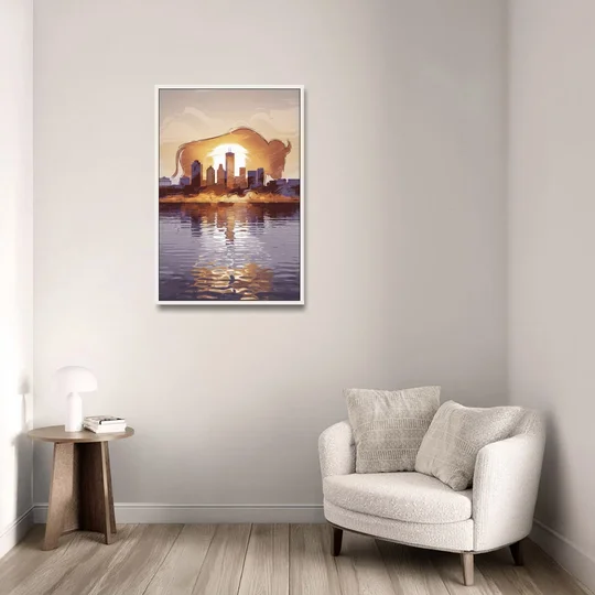 Buffalo Cityscape Reflection - White Framed Canvas Wall Art - Sofa - 24x36