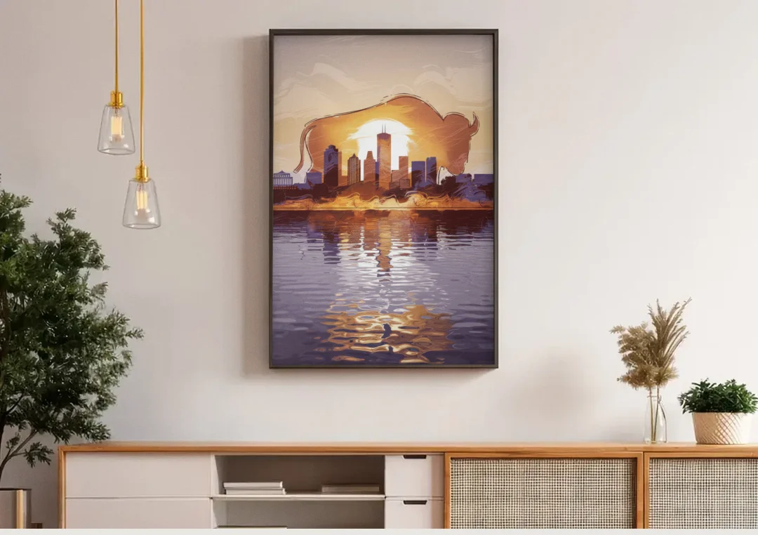 Buffalo Cityscape Reflection canvas wall art above a wooden sideboard under pendant lights