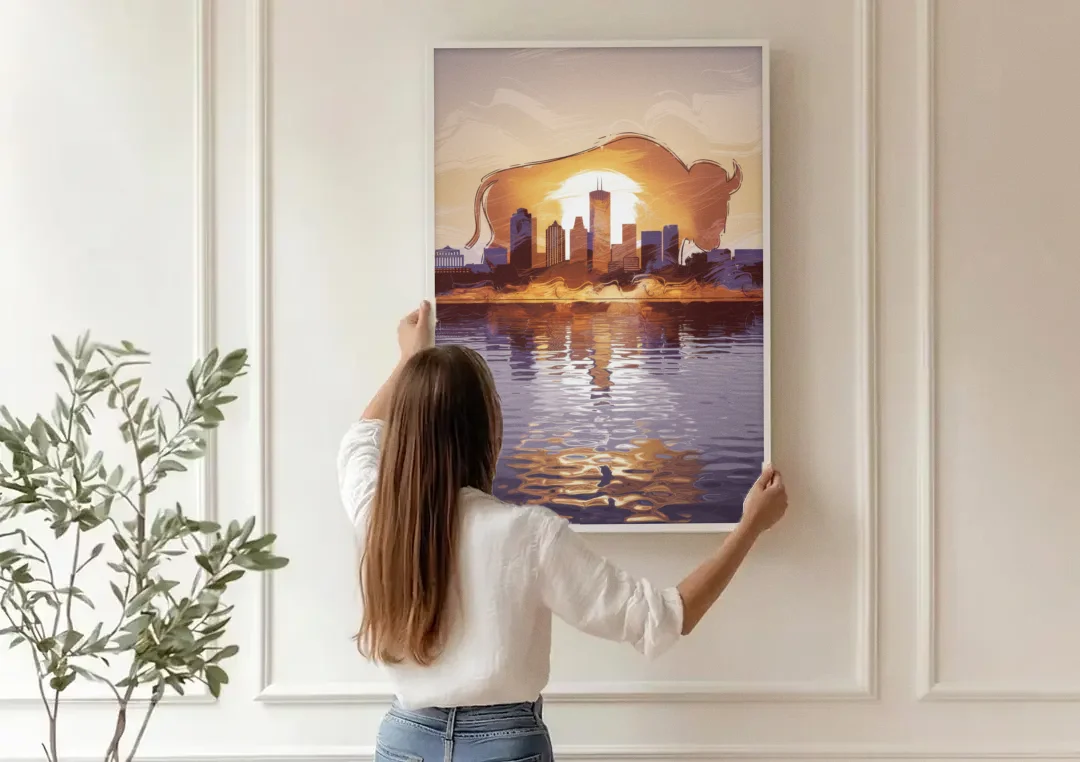 Buffalo Cityscape Reflection canvas wall art being hung on a paneled wall