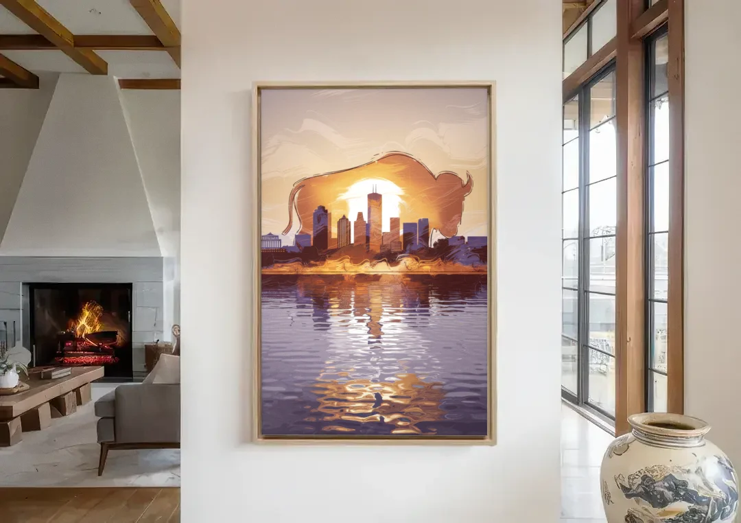 Buffalo Cityscape Reflection canvas wall art in a living room with a fireplace