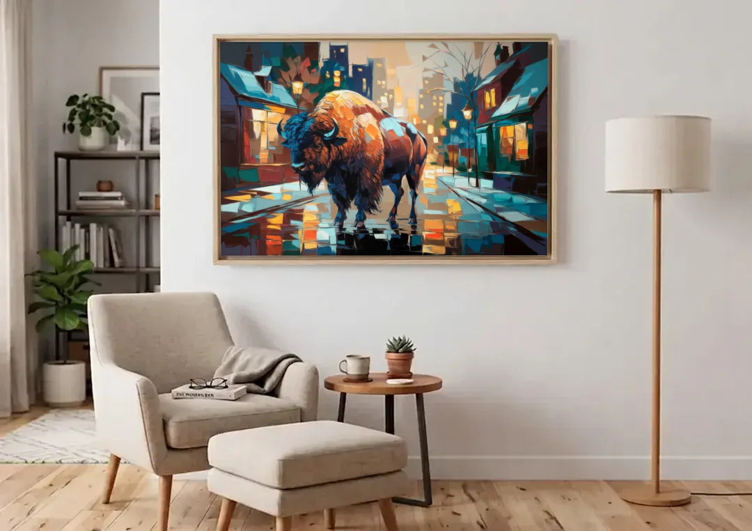 Buffalo Elmwood Village Vibes canvas wall art above an armchair in a bright living room