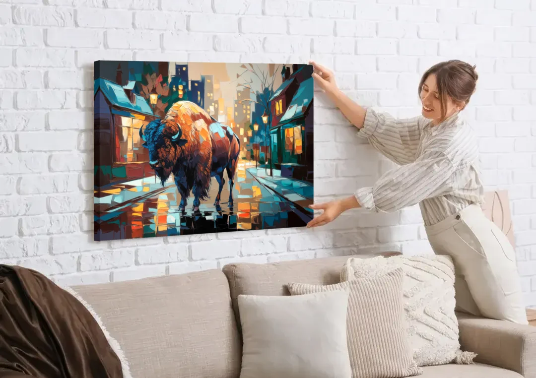 Buffalo Elmwood Village Vibes canvas wall art being hung on a white brick wall above a sofa