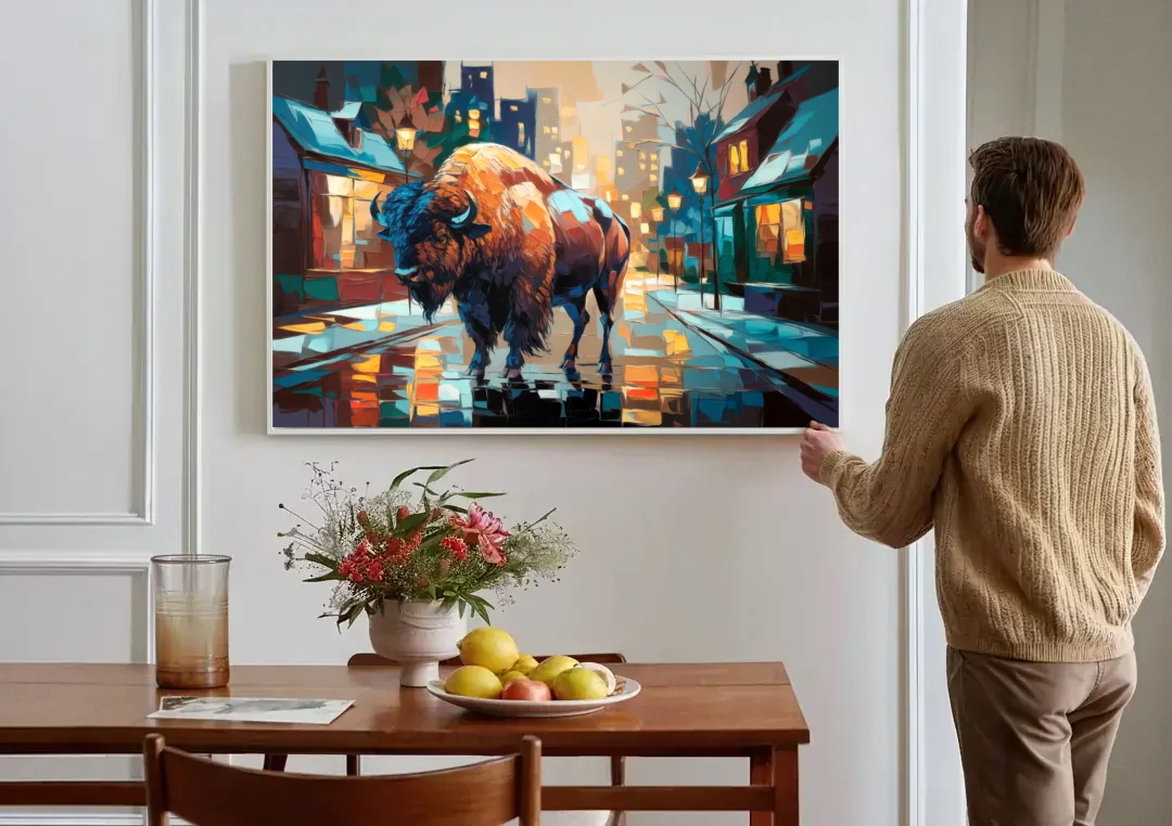 Buffalo Elmwood Village Vibes canvas wall art above a dining table