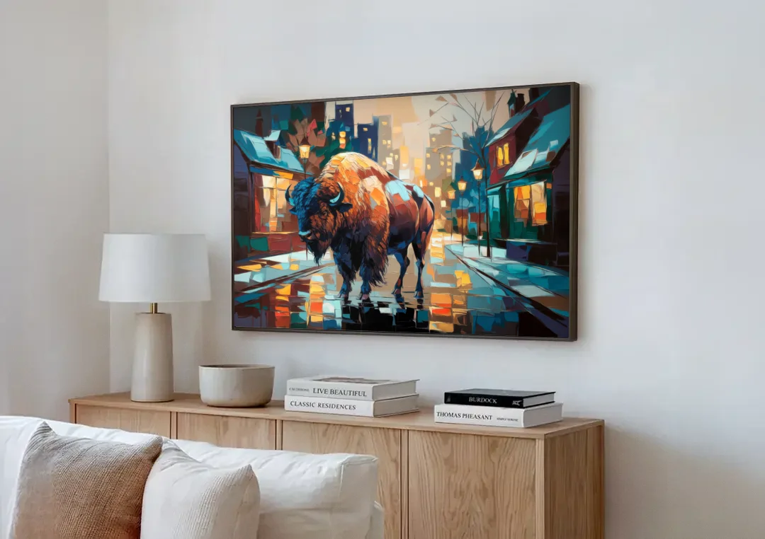 Buffalo Elmwood Village Vibes canvas wall art above a wooden sideboard next to a sofa