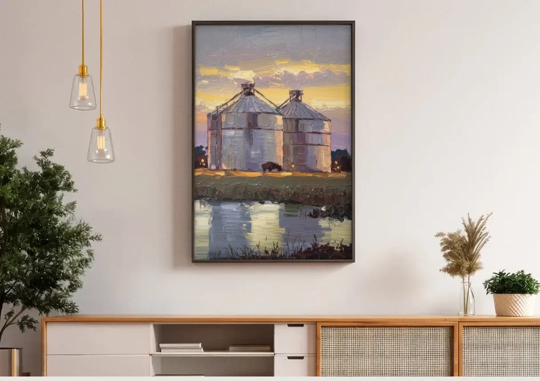 Buffalo Grain Silos at Dusk canvas wall art above a wooden sideboard under pendant lights