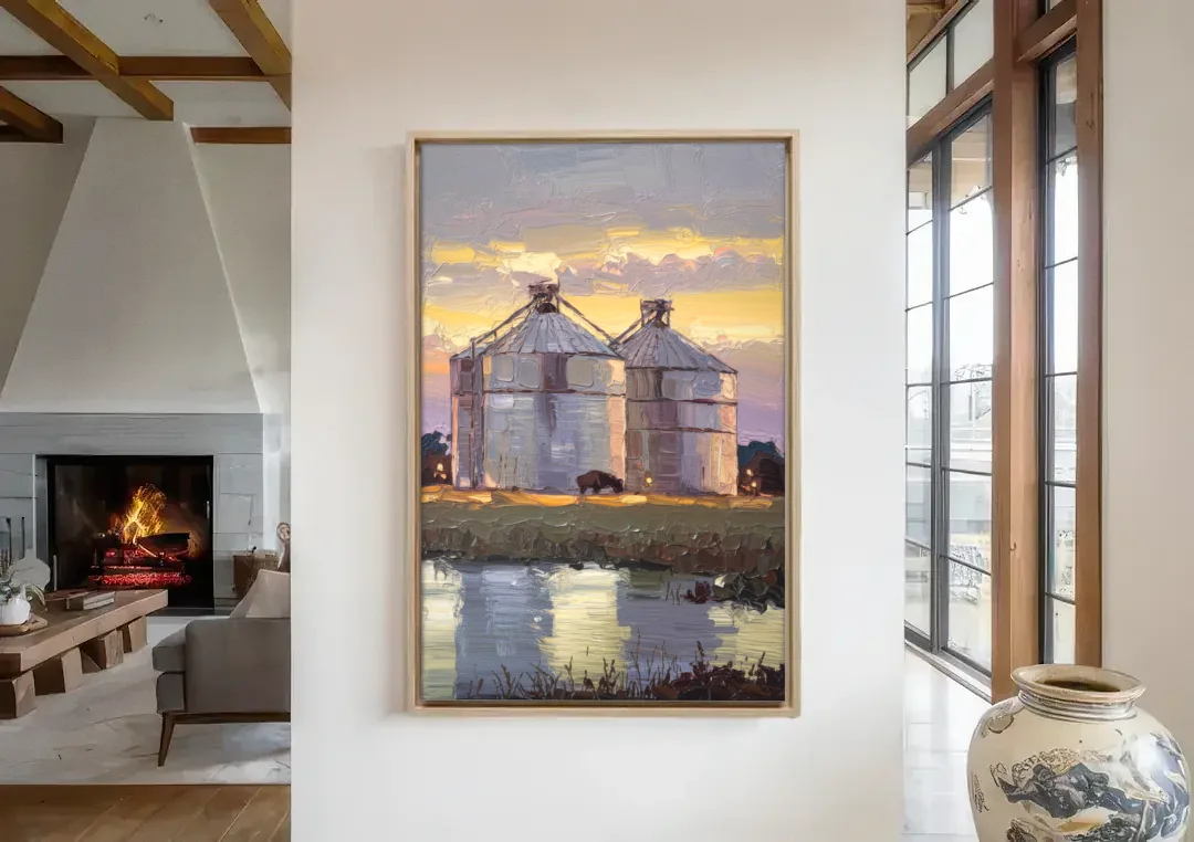 Buffalo Grain Silos at Dusk canvas wall art in a living room with a fireplace