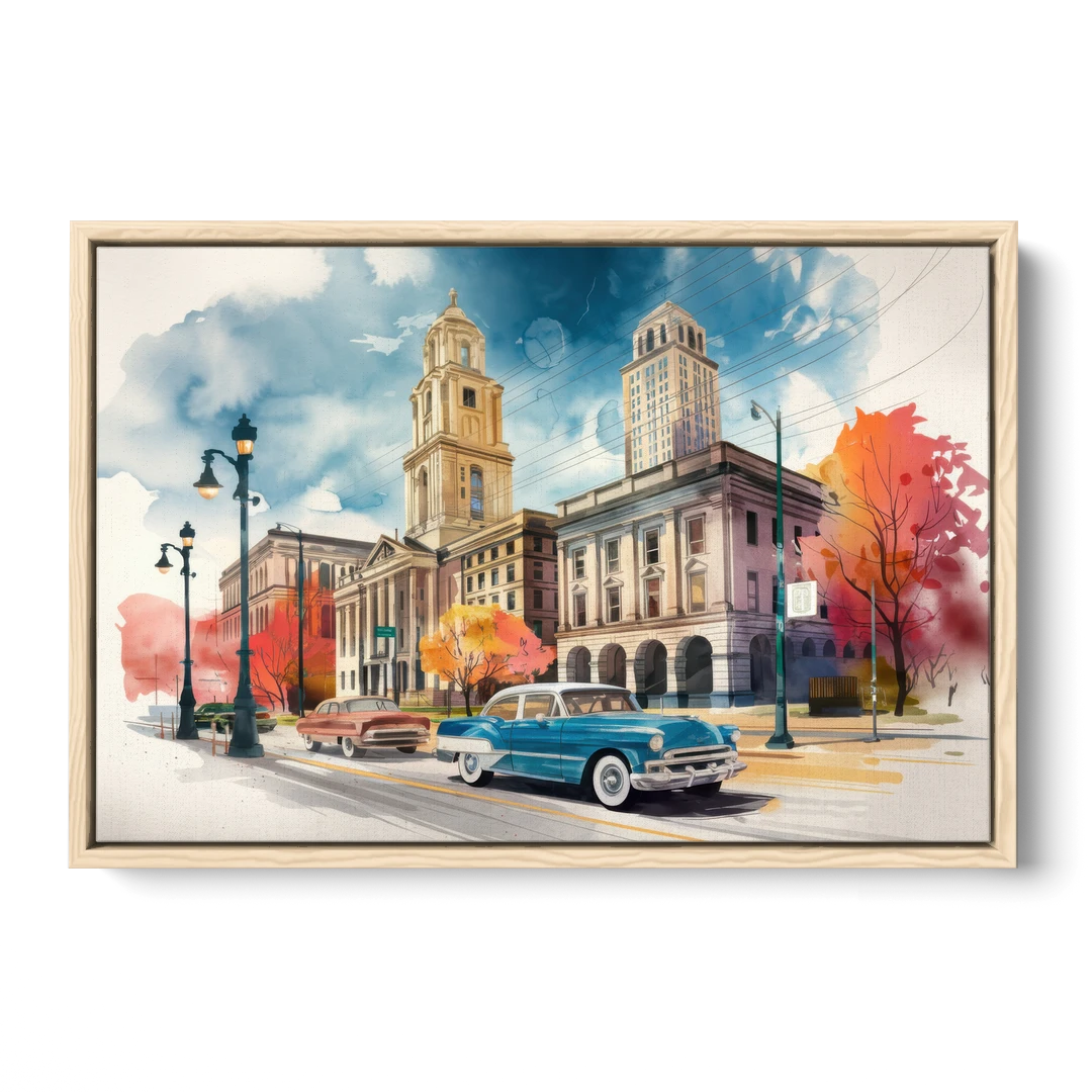 Buffalo Historic Downtown - Oak Framed Canvas Wall Art - Front