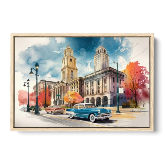 Buffalo Historic Downtown - Oak Framed Canvas Wall Art - Front