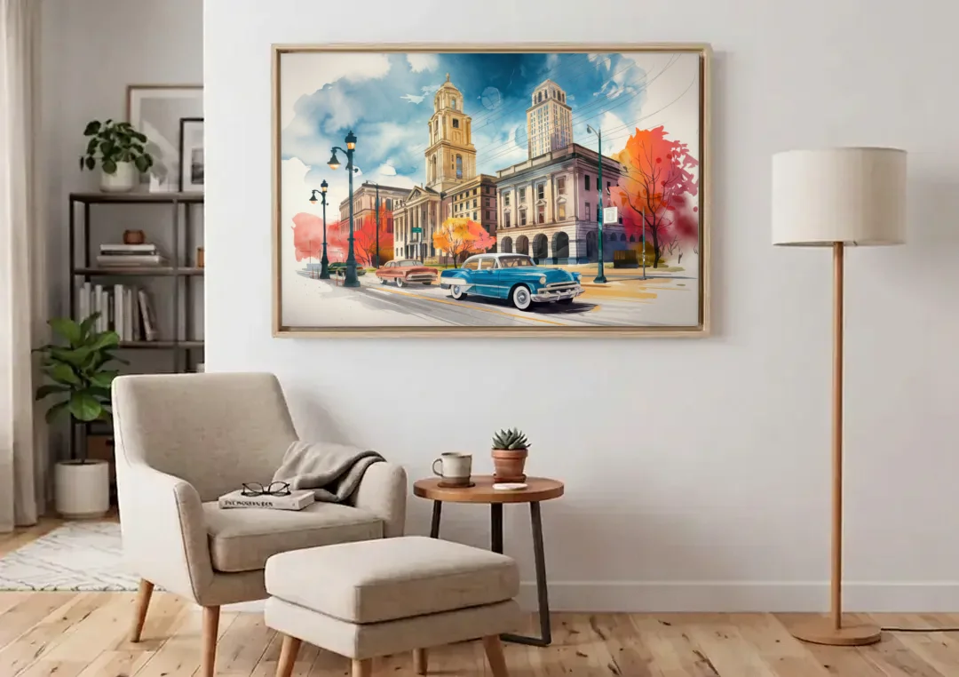 Buffalo Historic Downtown canvas wall art above an armchair in a bright living room