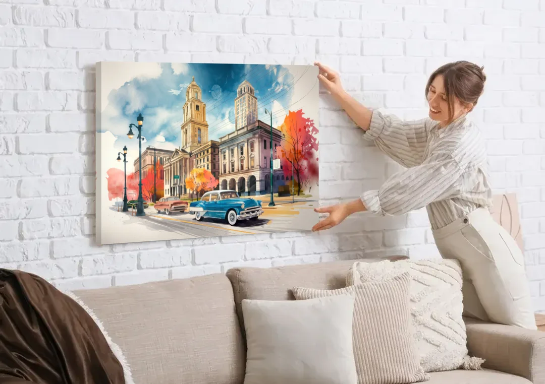 Buffalo Historic Downtown canvas wall art being hung on a white brick wall above a sofa