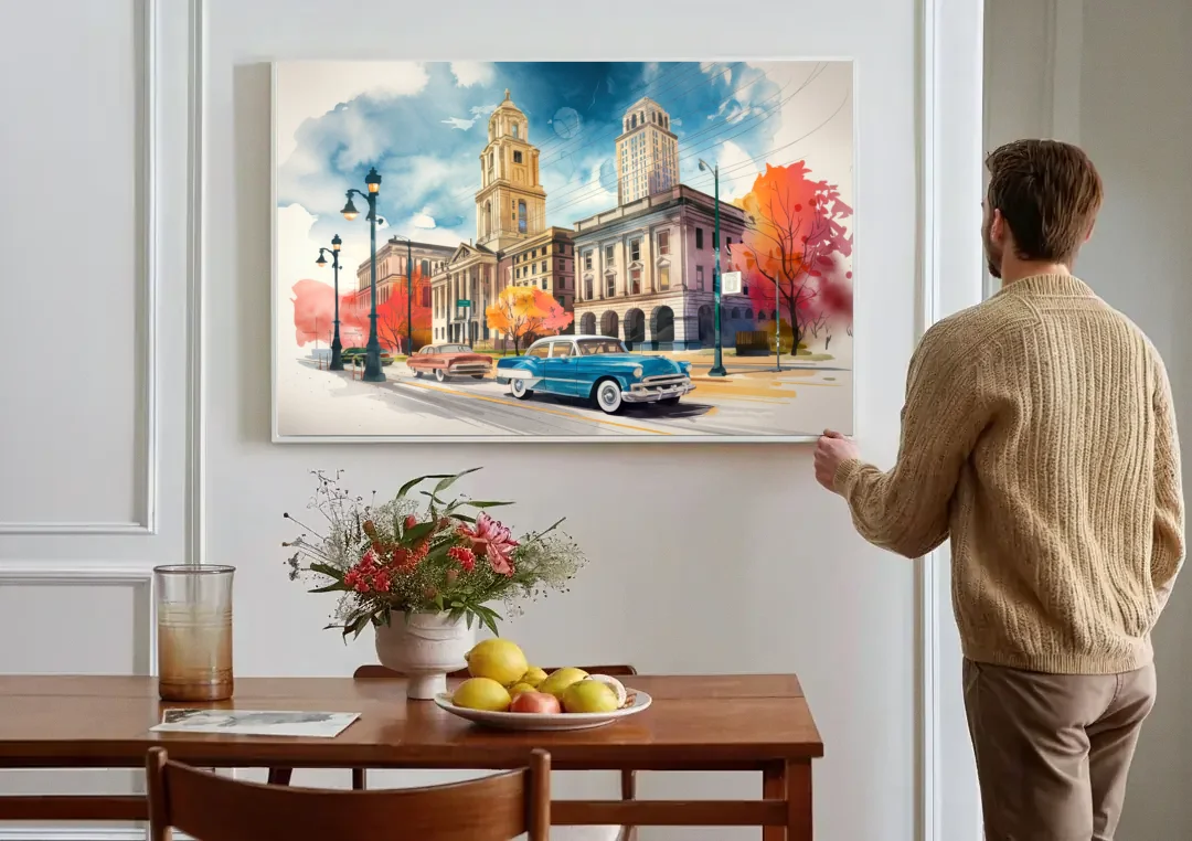 Buffalo Historic Downtown canvas wall art above a dining table