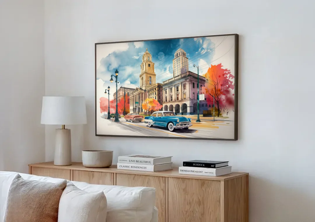 Buffalo Historic Downtown canvas wall art above a wooden sideboard next to a sofa