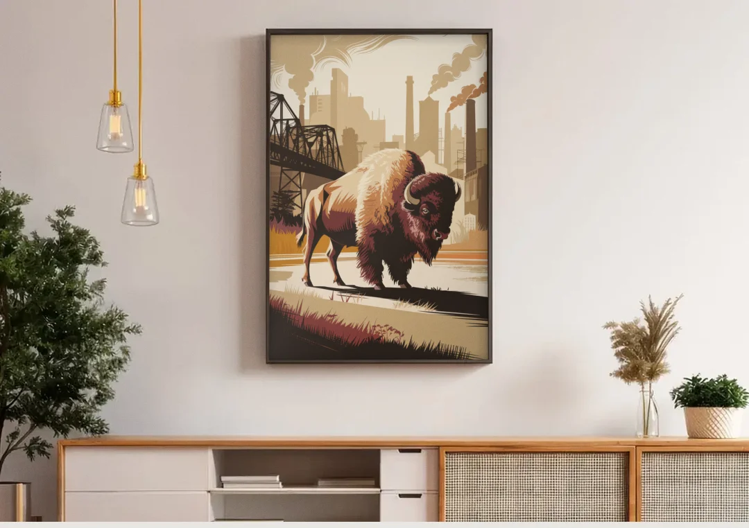 Buffalo Industrial Heritage canvas wall art above a wooden sideboard under pendant lights