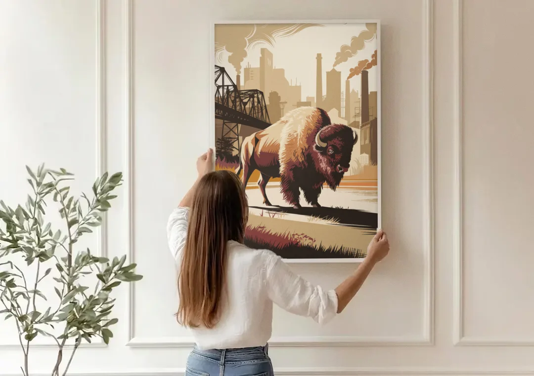 Buffalo Industrial Heritage canvas wall art being hung on a paneled wall