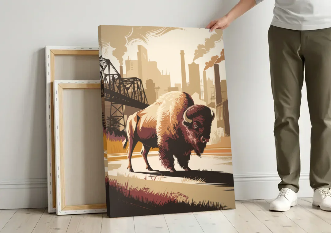 Buffalo Industrial Heritage canvas wall art leaning against a wall next to blank canvases