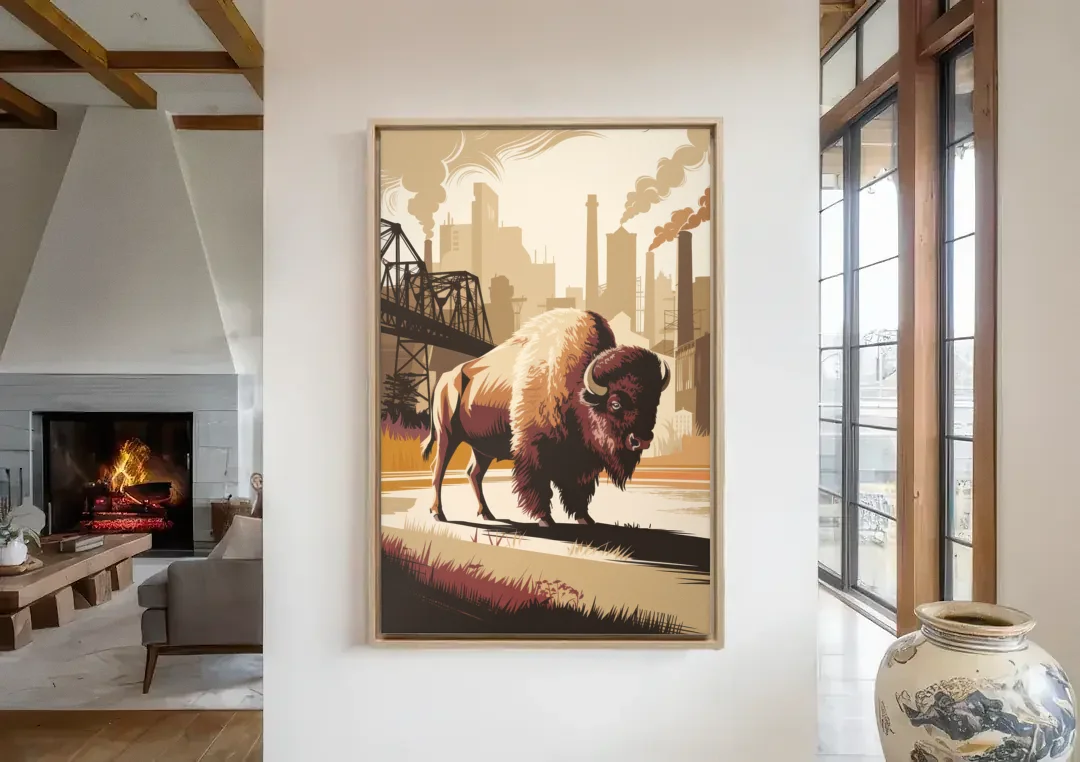 Buffalo Industrial Heritage canvas wall art in a living room with a fireplace